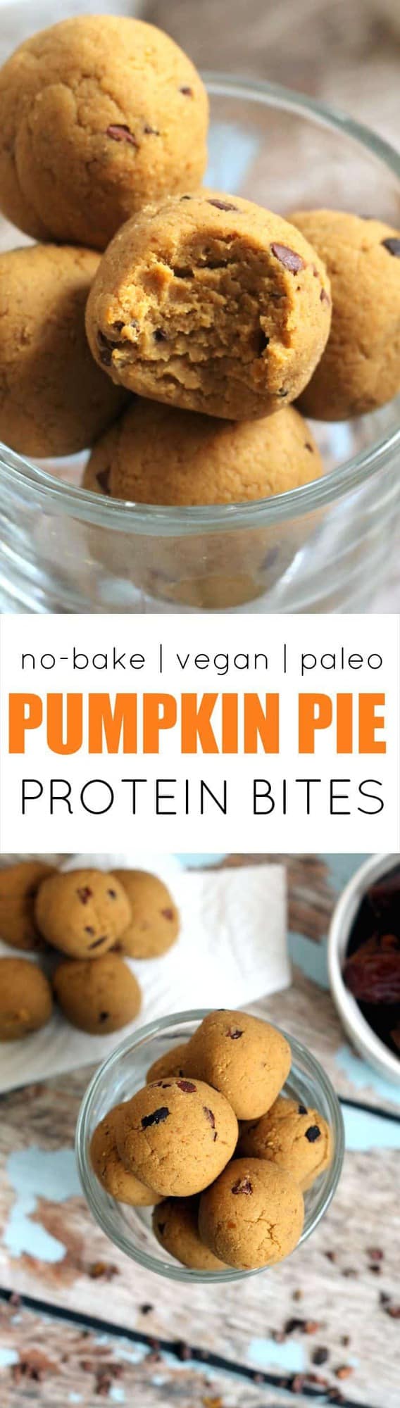 These easy, cakey Pumpkin Pie Protein No-Bake Bites have the flavor of pumpkin pie, but are secretly packed with protein and fiber! Vegan, gluten-free, paleo, and kid-friendly.
