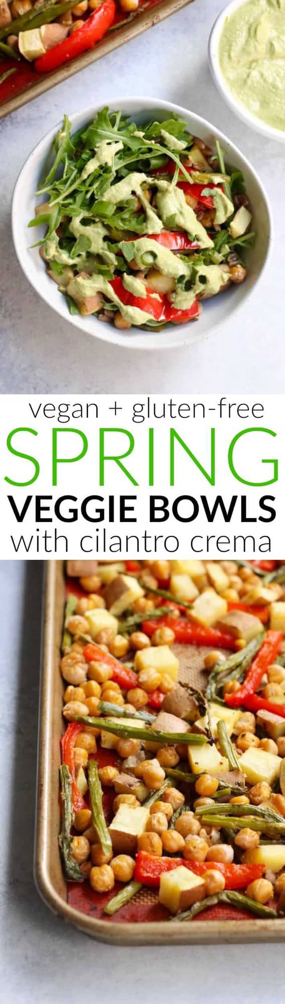 These springy bowls are a tasty and simple meal that's packed with plant protein and fiber from roasted veggies, chickpeas, whole grains, and an addicting cilantro lime crema. Vegan and gluten-free option!