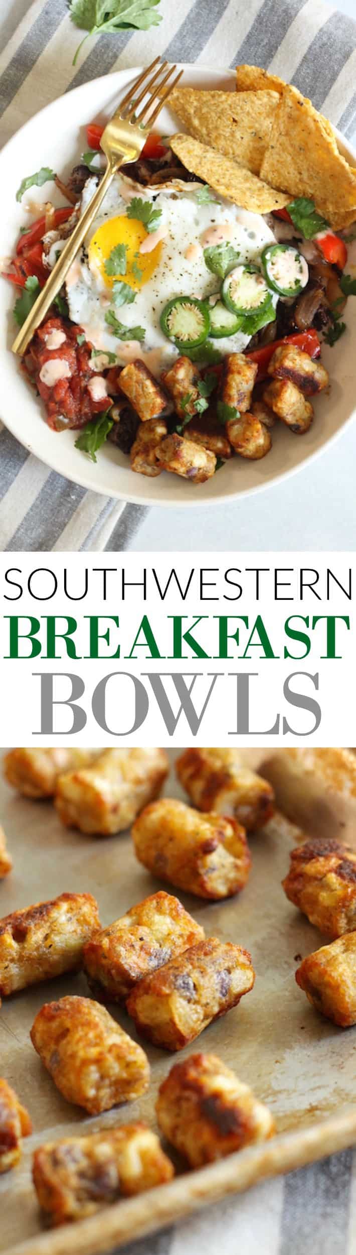 Loaded with eggs, beans, veggies, and potato puffs, these easy and tasty Southwestern Breakfast Bowls make the perfect healthy weekend breakfast! Gluten-free.