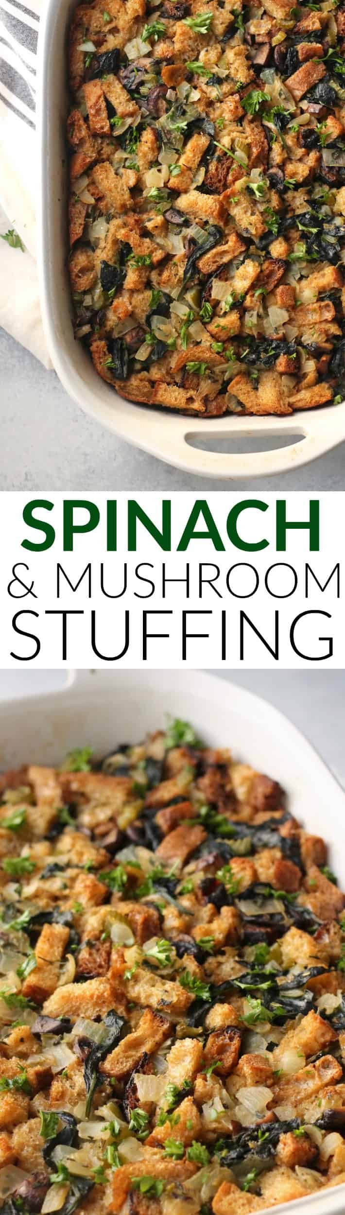 This delicious vegetarian Spinach and Mushroom Herb Stuffing is full of color, texture, and savory flavors that will have the entire family coming back for seconds, meat-eaters and vegetarians alike! It's perfect for Thanksgiving but can be enjoyed any time of year.