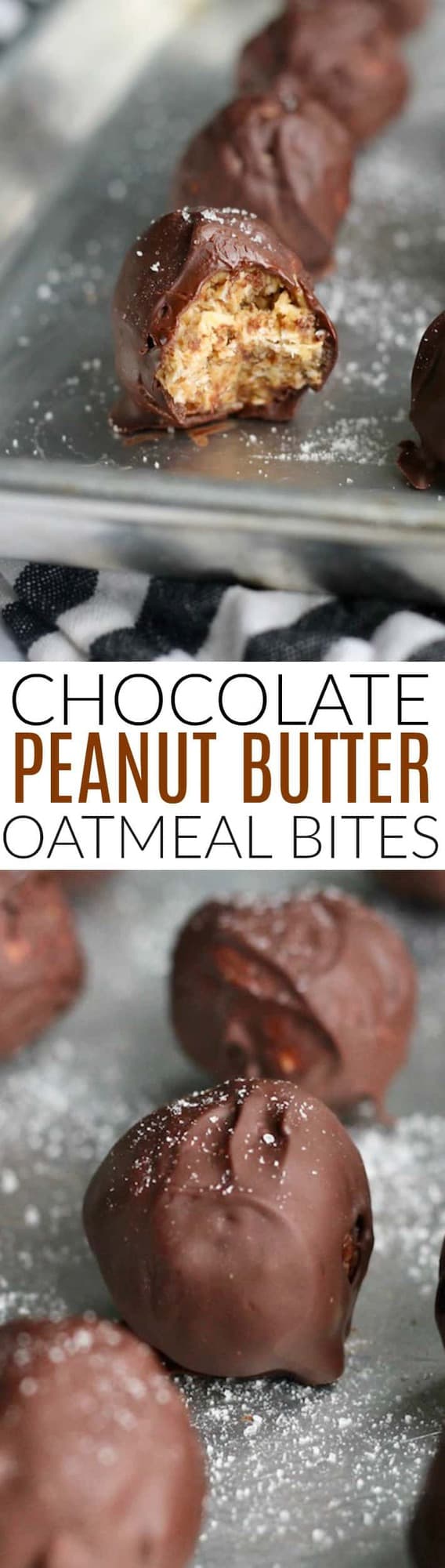 These amazing Salted Chocolate Covered Peanut Butter Oatmeal Bites are a super satisfying snack or treat packed with whole grain goodness and plenty of chocolate. Vegan and gluten-free!