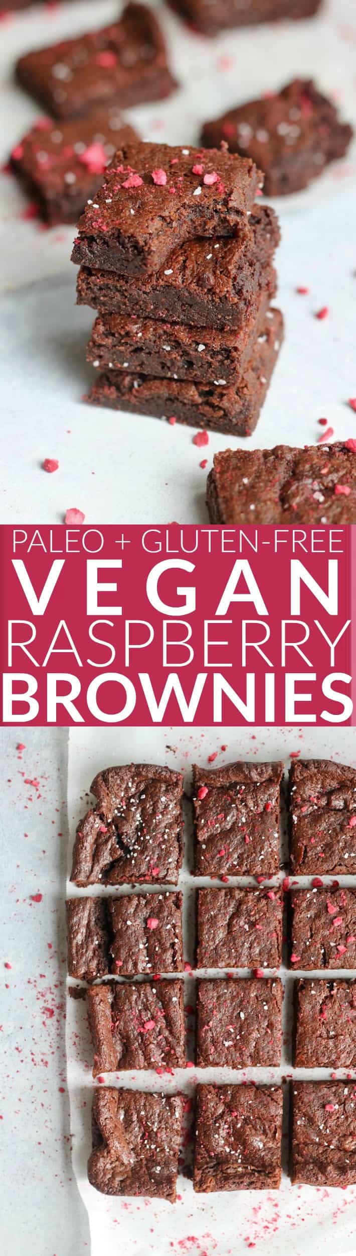 These decadent flourless Fudgy Raspberry Almond Butter Brownies are rich, chewy, and EASY to make! Only 8 ingredients. Vegan, gluten-free, and paleo-friendly.