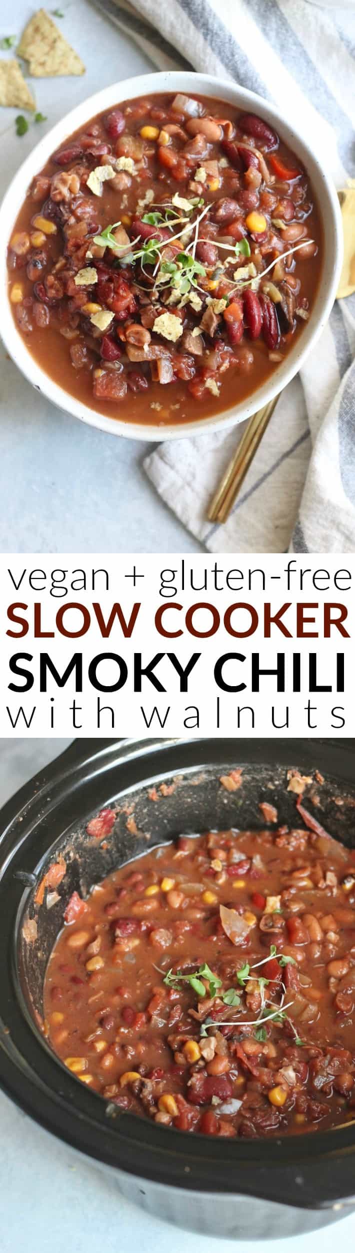 This Slow Cooker Smoky Vegetarian Chili with Walnuts comes together in minutes for an easy, healthy vegetarian meal packed with fiber and protein. Make it in the morning and come home to a delicious pot of chili after work!