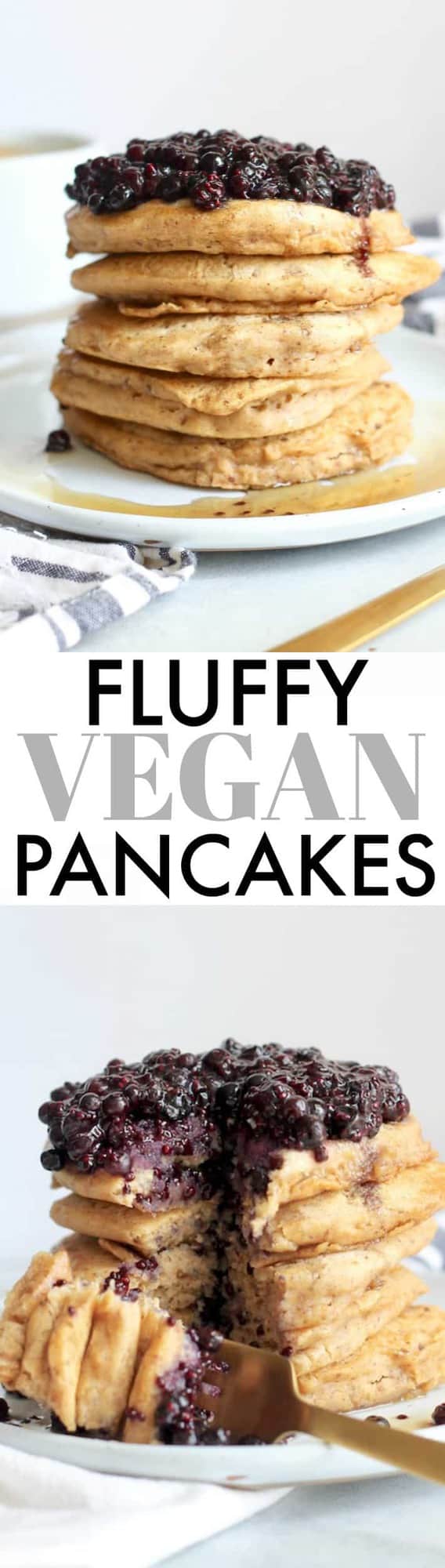 Fluffy Vegan Pancakes with Blueberry Topping make the perfect healthy and tasty breakfast any day of the week. Made with 100% whole grain flour and sweetened with pure maple syrup, you're guaranteed to fall in love with these!