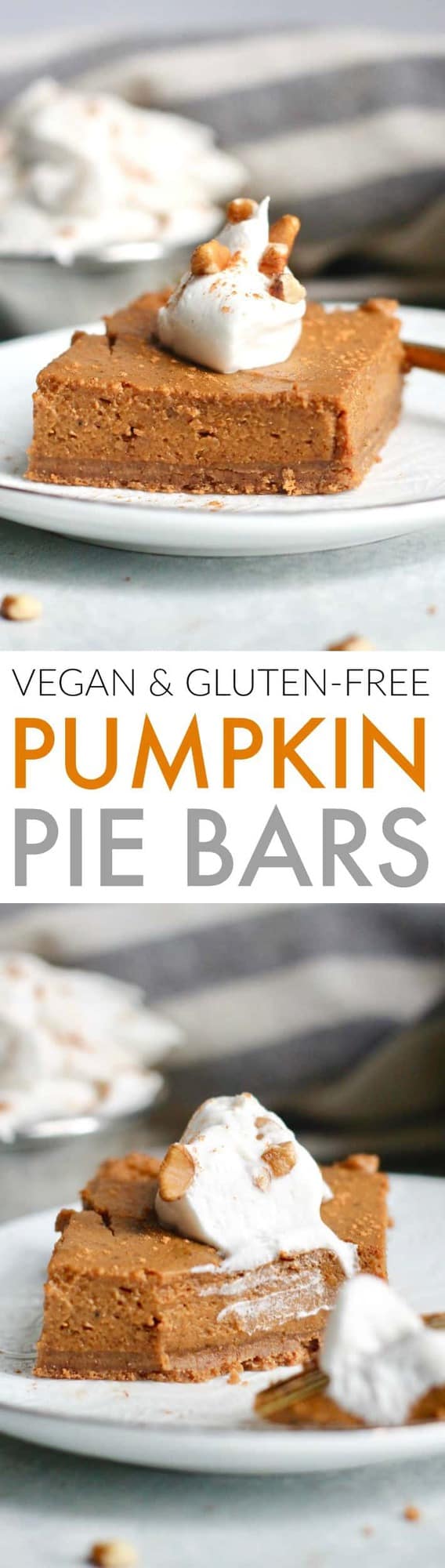 These healthy Pumpkin Pie Bars with Pecan Cookie Crust are completely vegan, gluten-free, and are the most delicious easy dessert for the holidays!