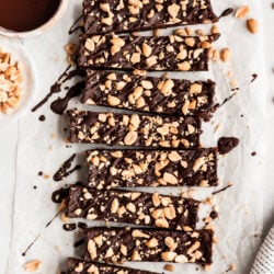 chocolate protein bars on parchment paper