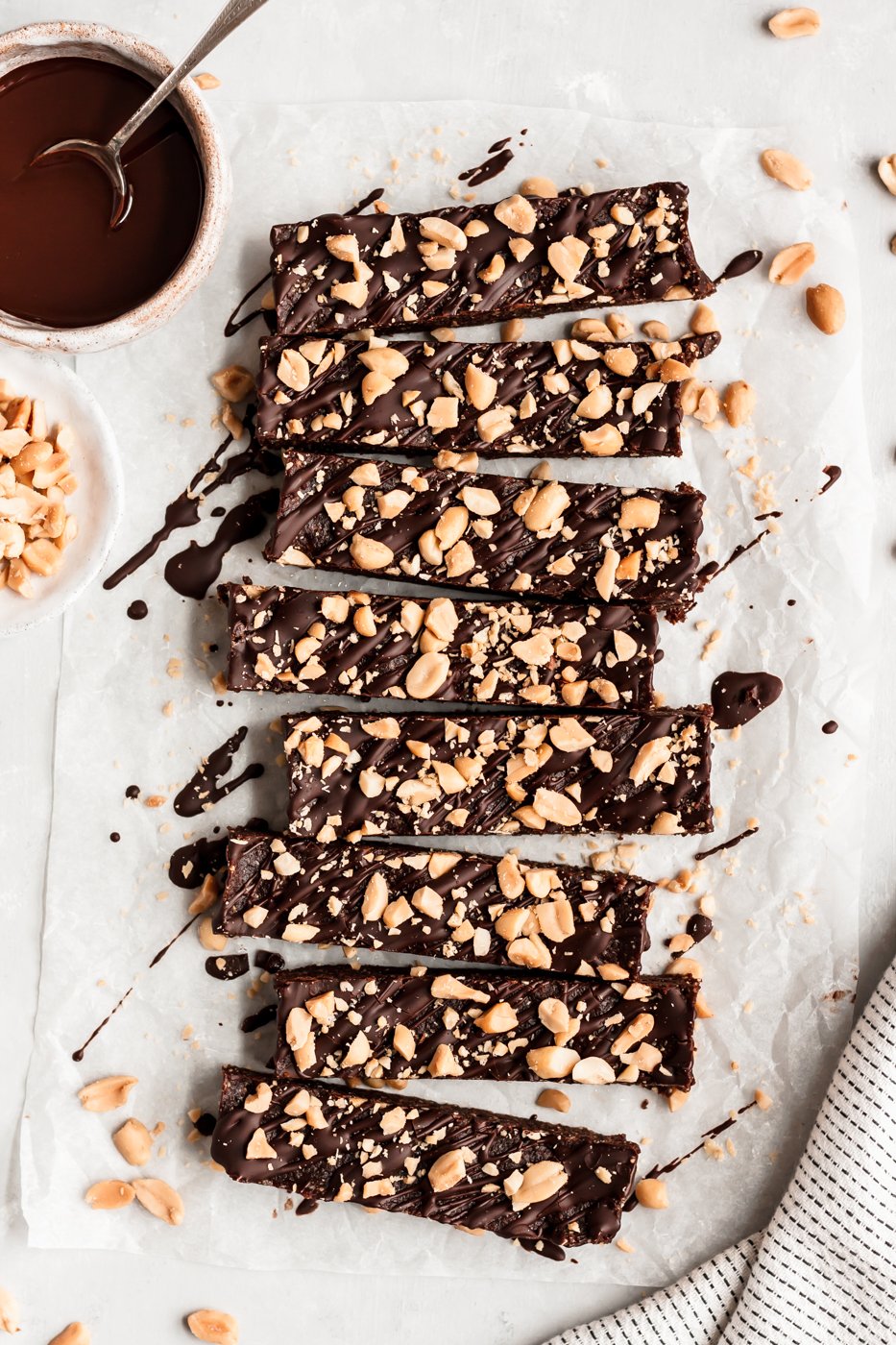 chocolate protein bars on parchment paper