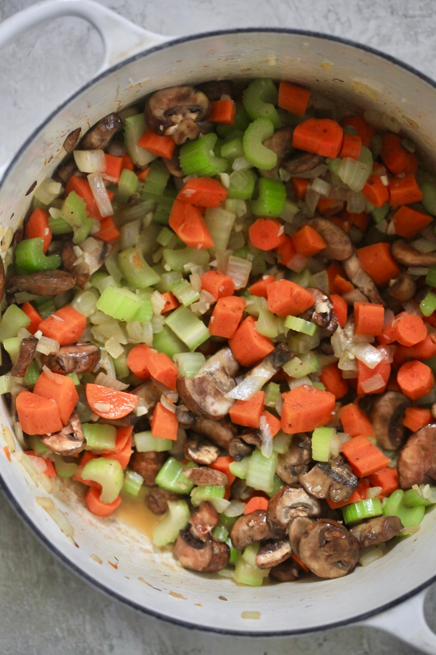 white pot with mirepoix