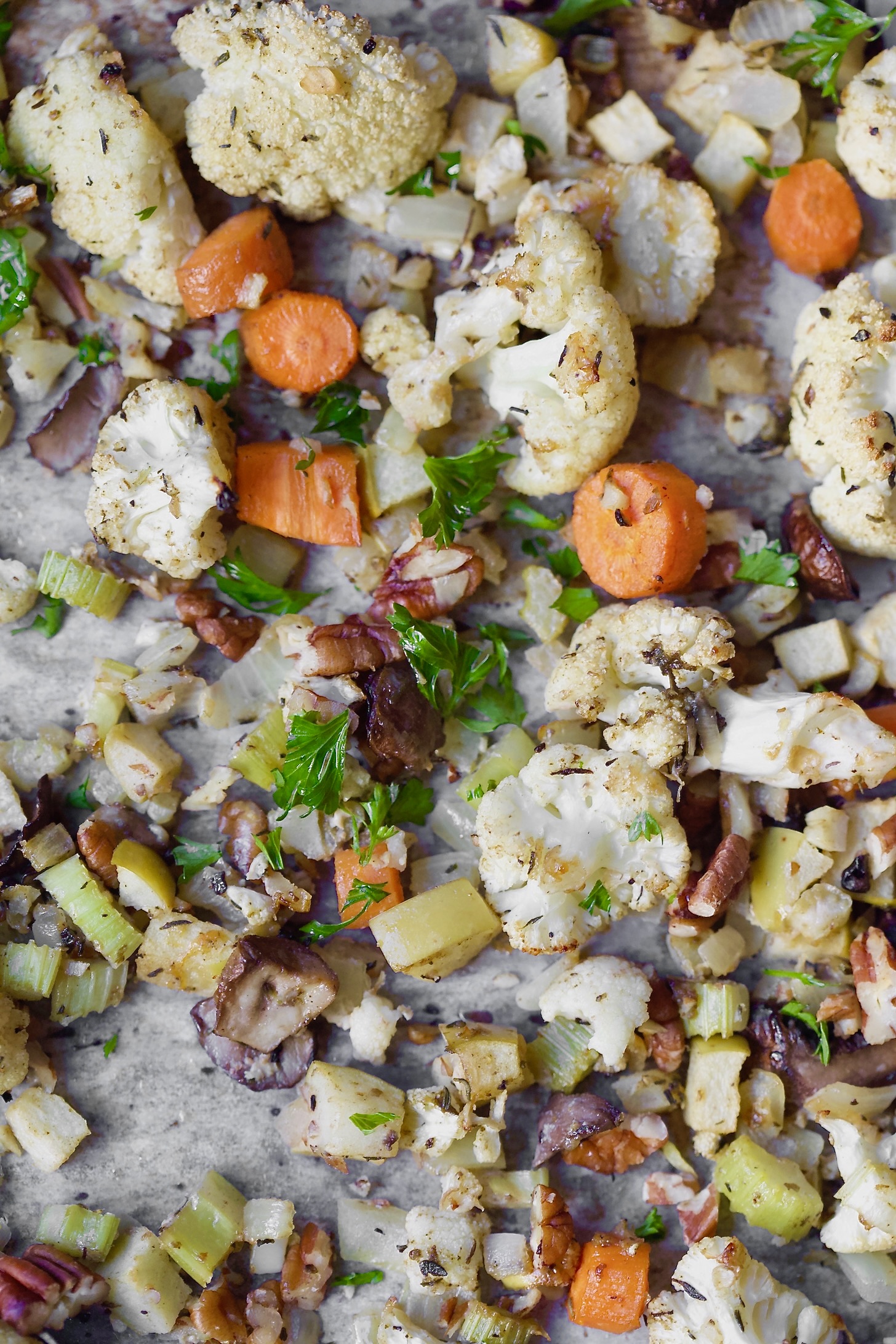 roasted veggies on sheet pan.