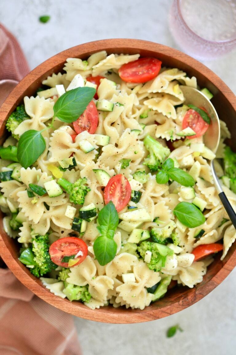 overhead view of pasta salad.