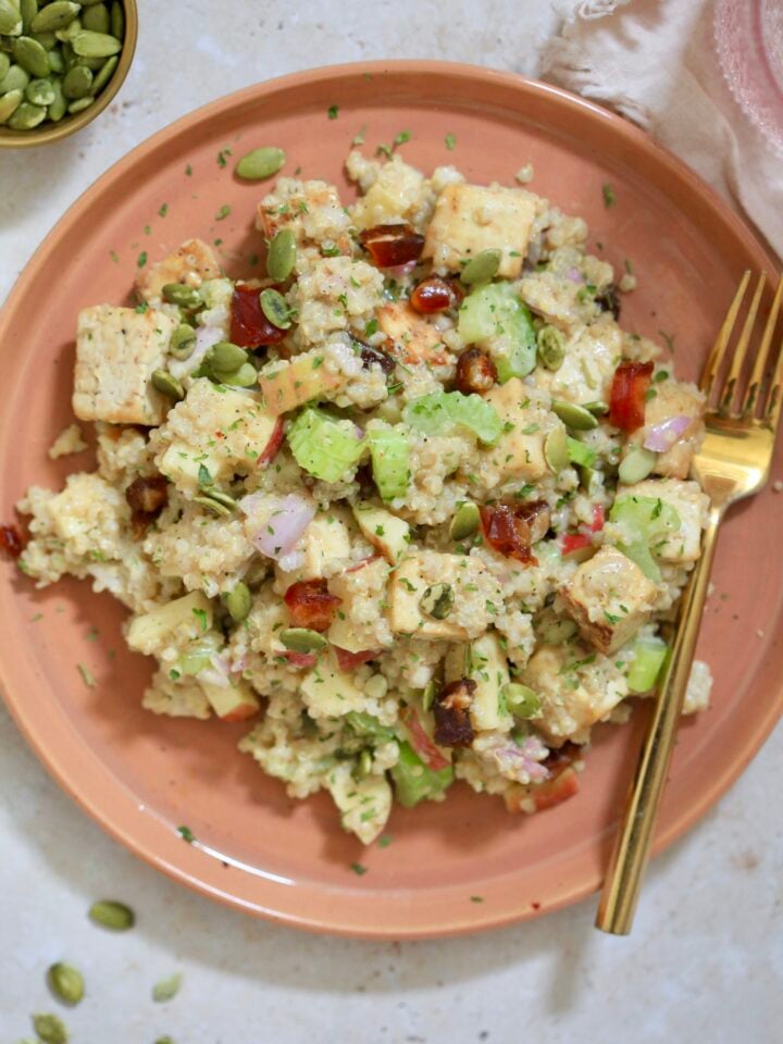 brown plate with tofu and quinoa mixture.