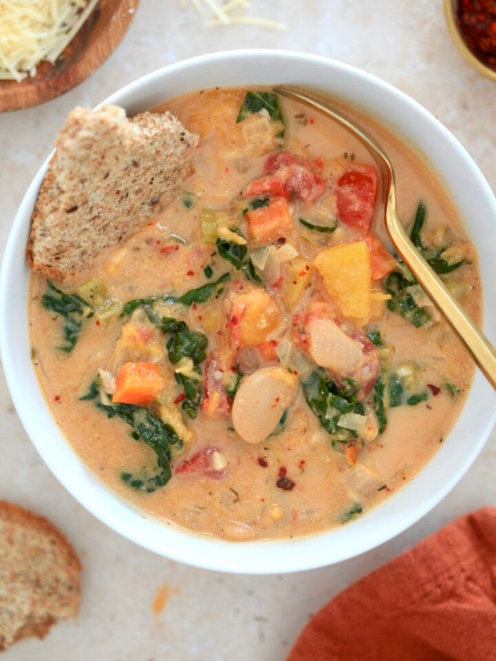 white bowl of tomato soup with kale and beans