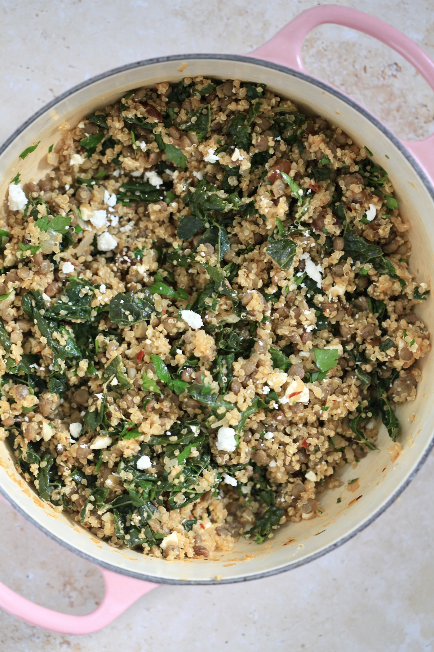 quinoa in pot with feta and kale