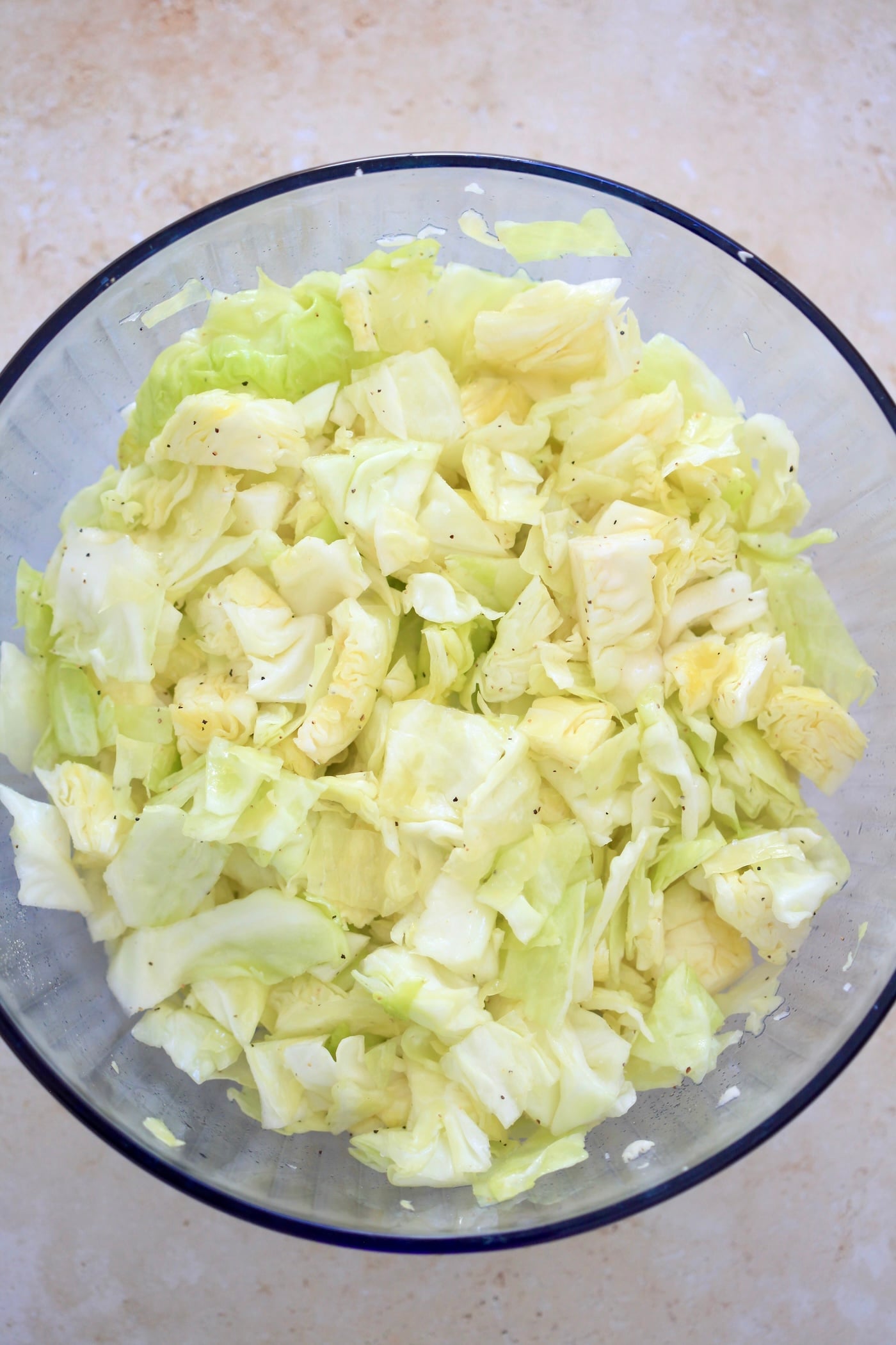 chopped cabbage in mixing bowl.