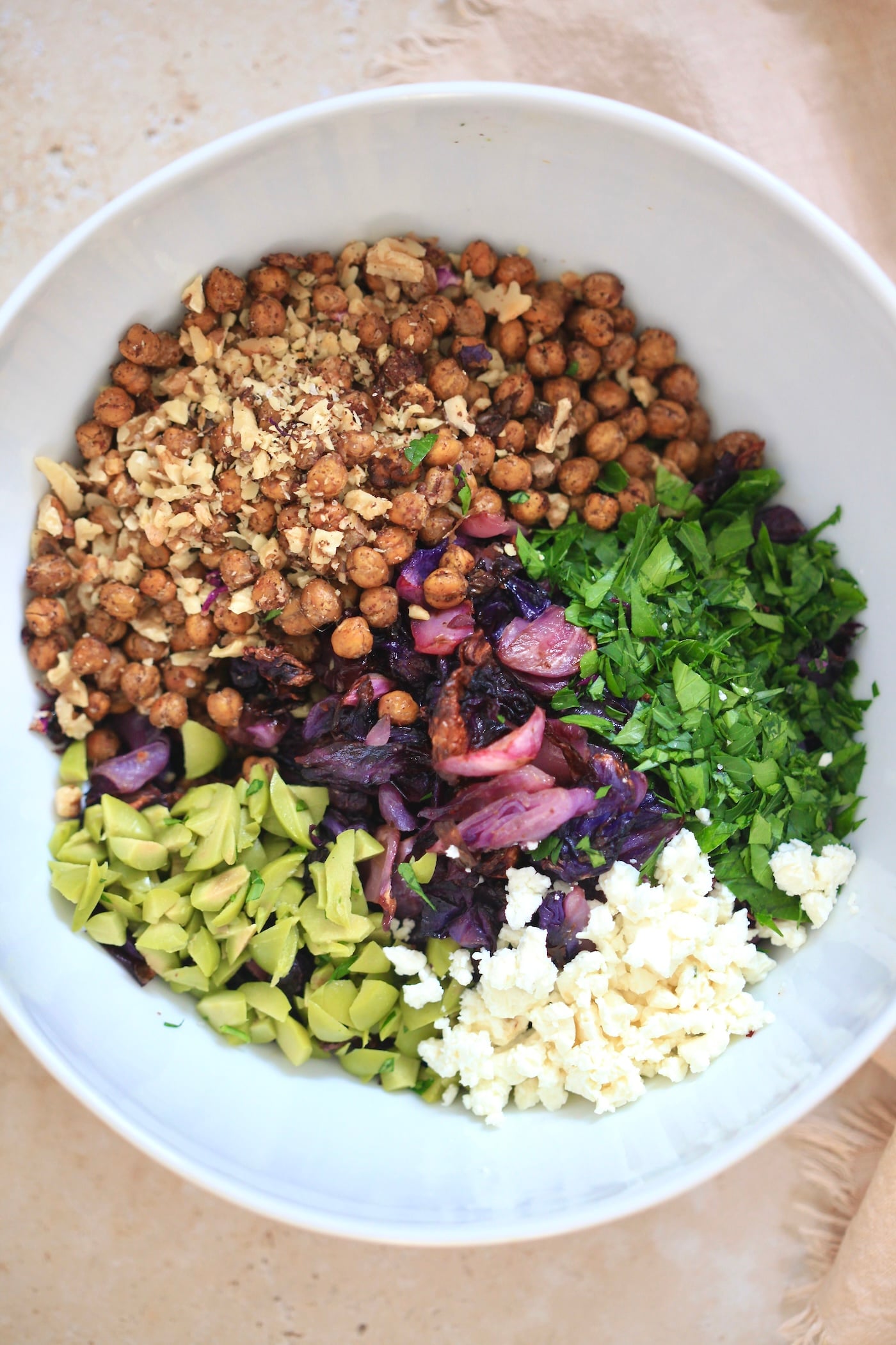 chickpea, feta, parsley in bowl