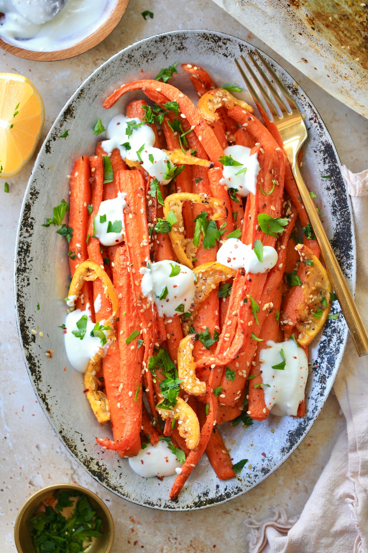 orange carrots with yogurt parsley dressing Bobby Flay's Spiced Carrots with a Harissa Yogurt Sauce