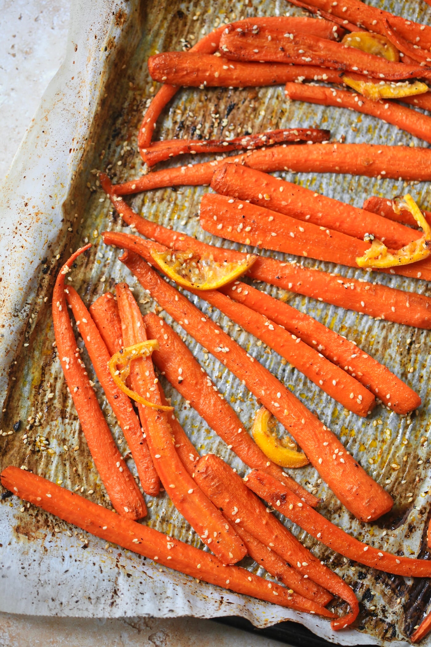 cooked carrots on sheet pan