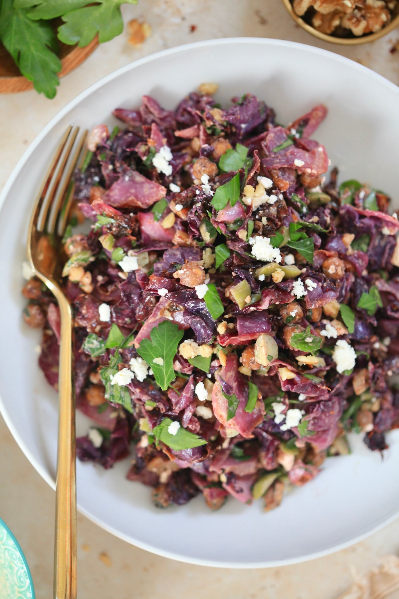 white bowl with cabbage salad up close.