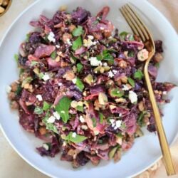 white bowl with purple cabbage salad.