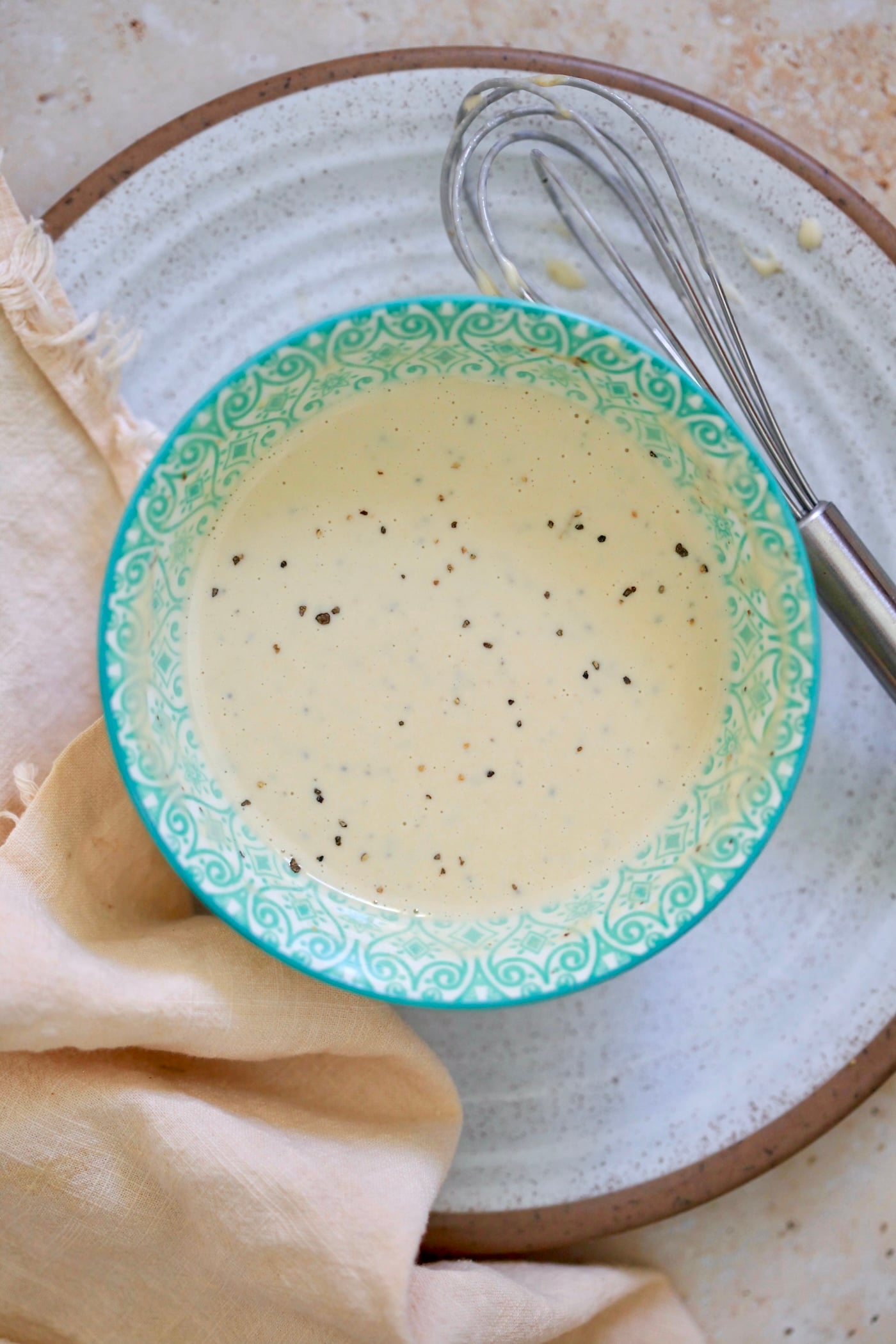 blue bowl with creamy dressing