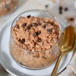 chocolate oatmeal with chocolate chips and gold spoon