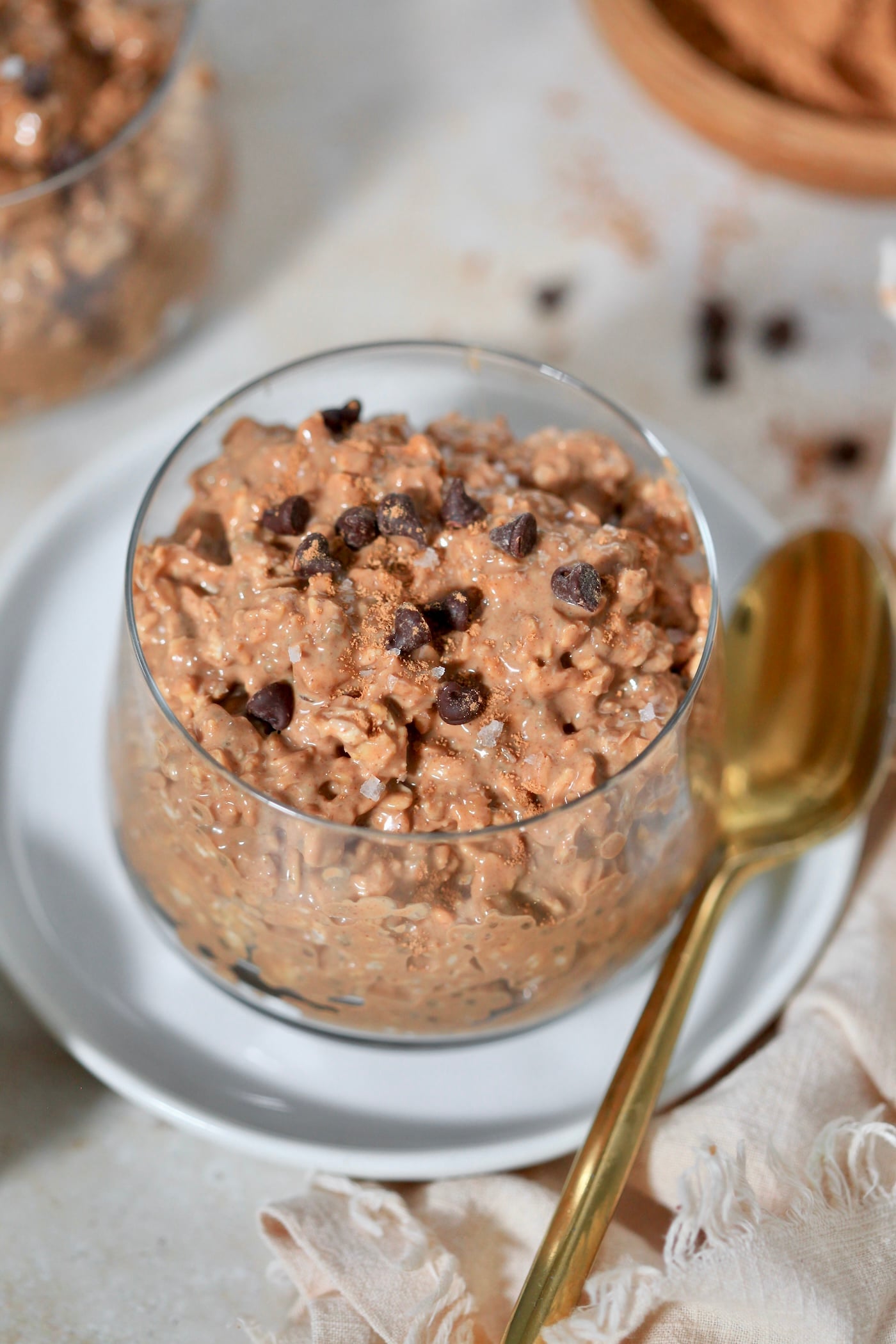 chocolate oatmeal with chocolate chips and gold spoon