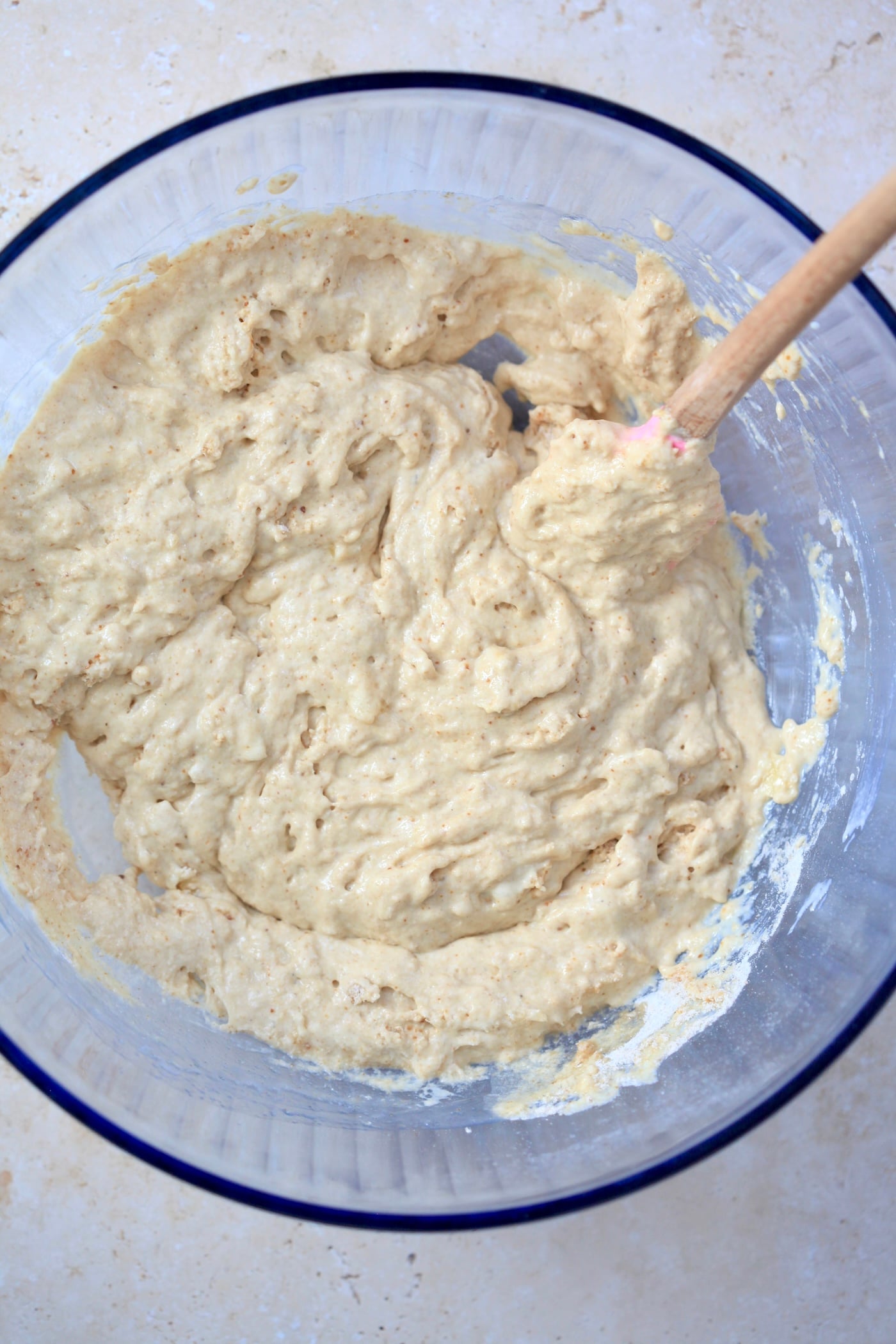 mixed batter in big blue mixing bowl.