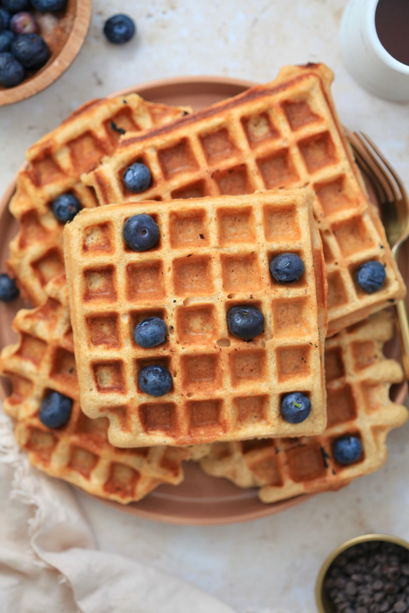 overhead view of plate of waffles