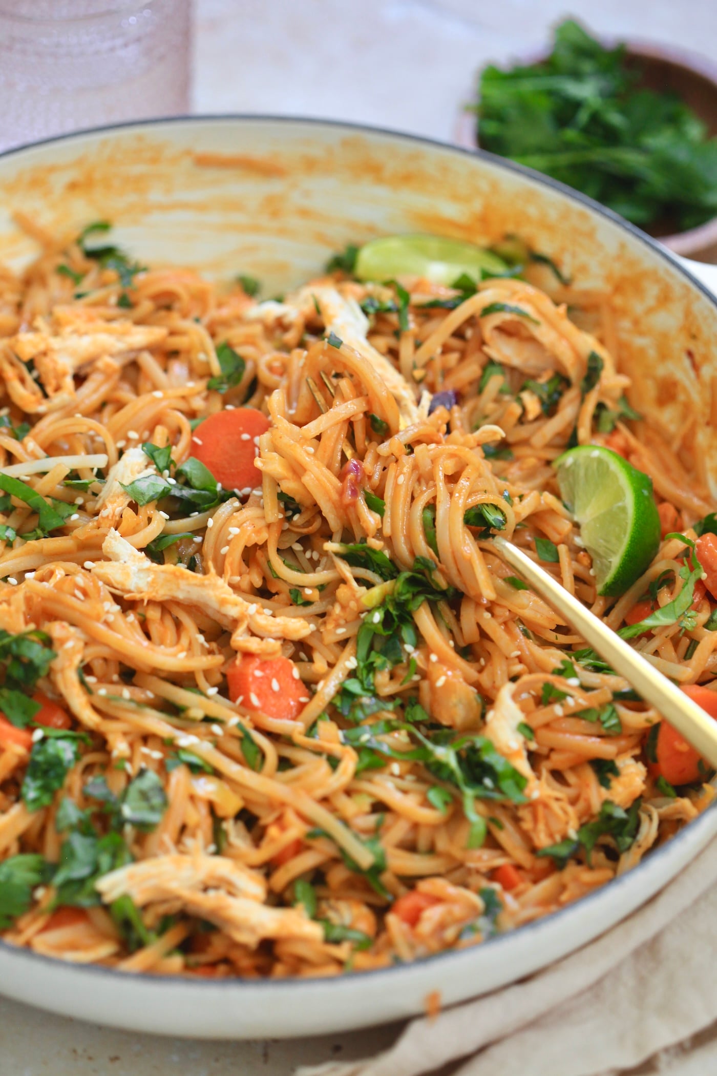 front on view of white pan with colorful noodles and veggies.