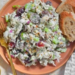 orange plate with colorful chicken salad on it with bread