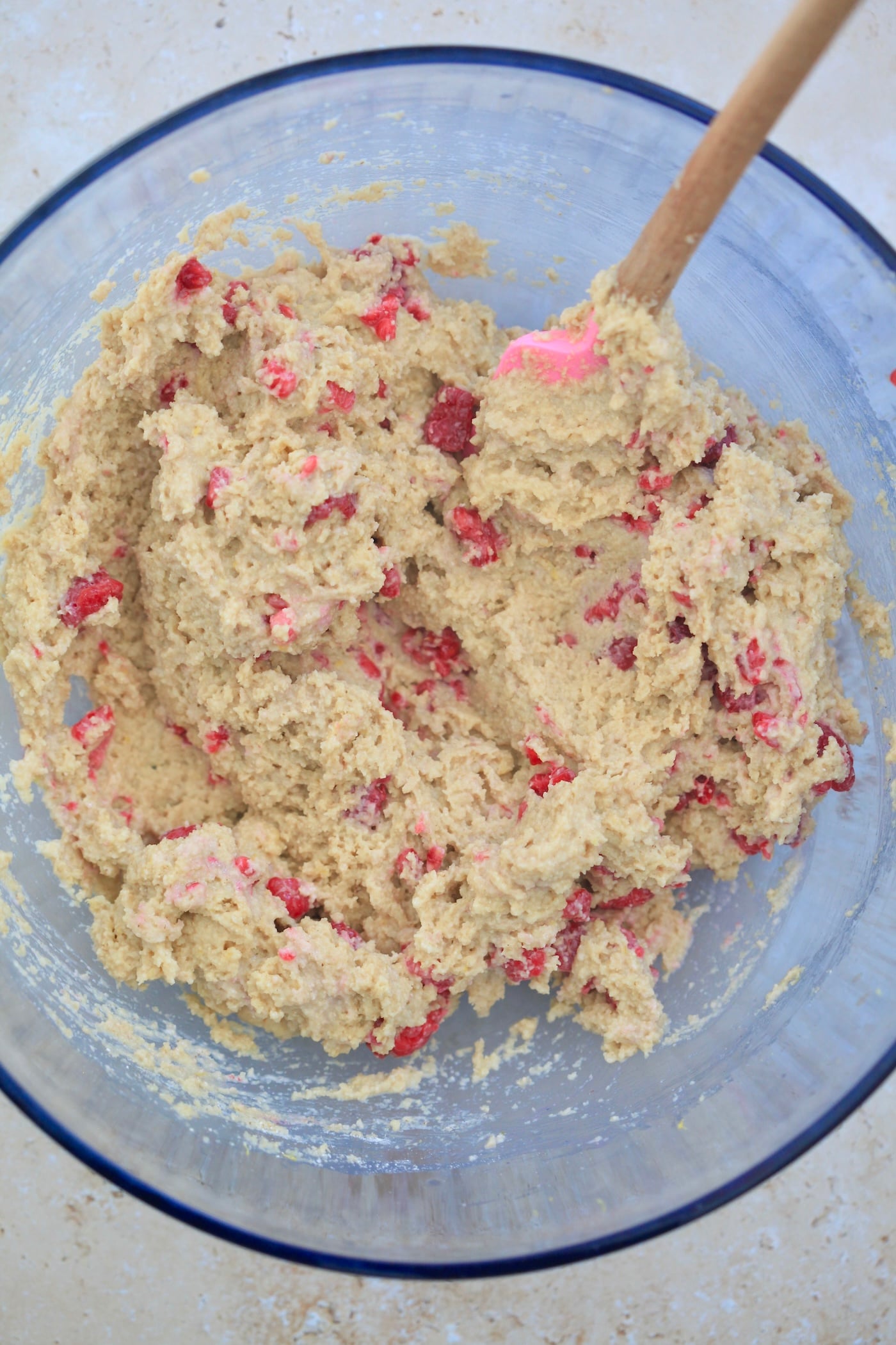 mixed batter with raspberries throughout.