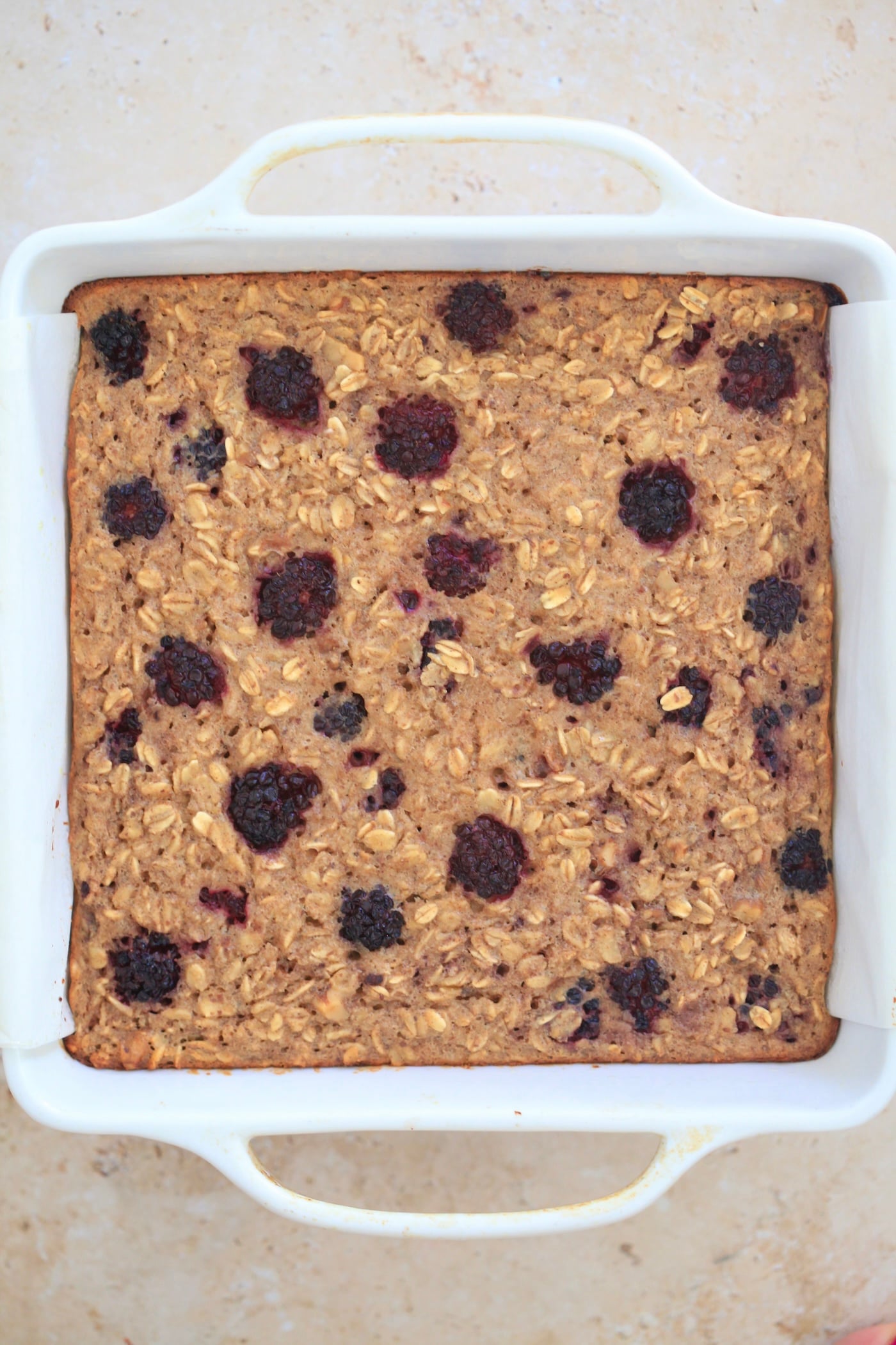 baked blackberry oatmeal in pan.