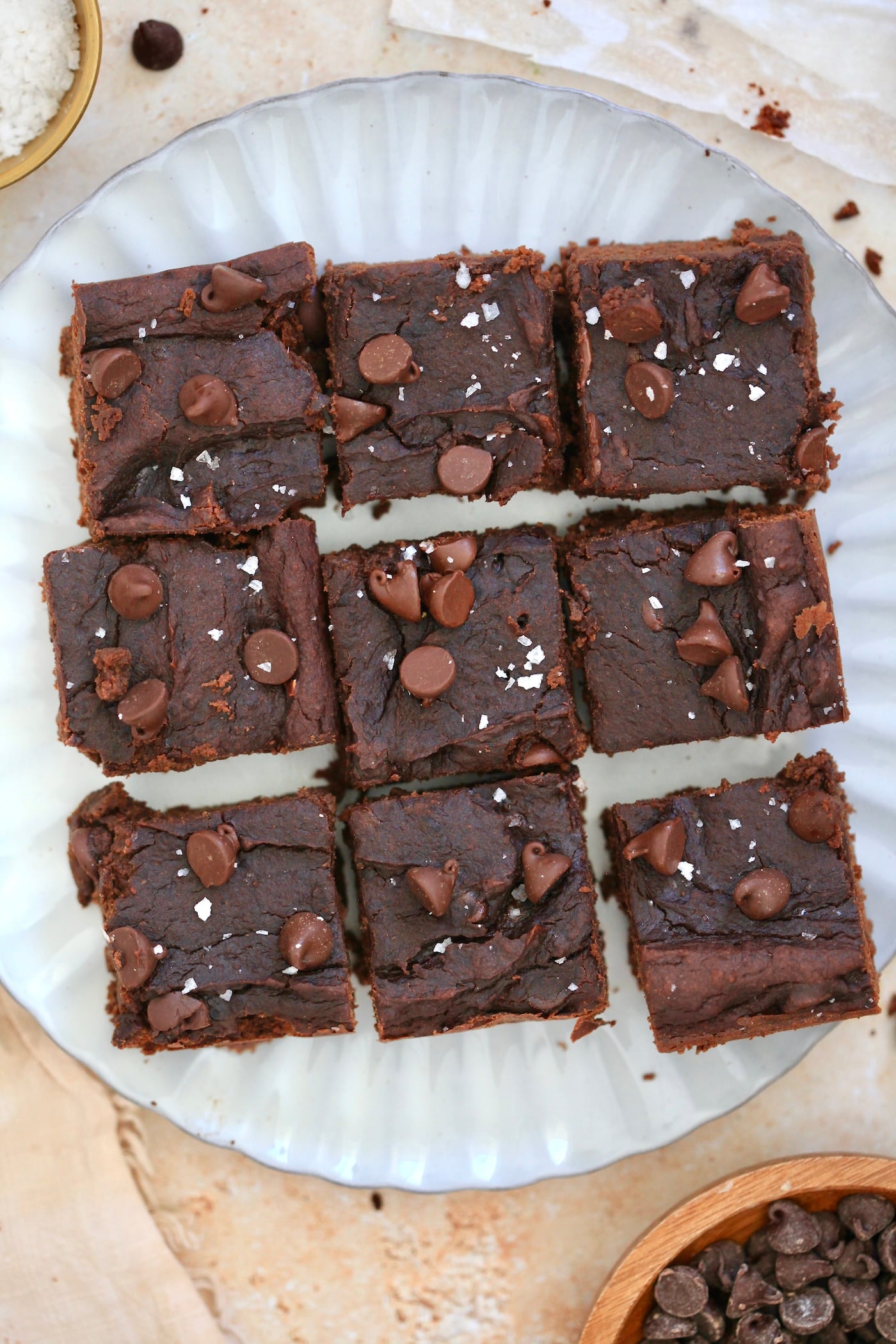 plate of nine sliced brownies.
