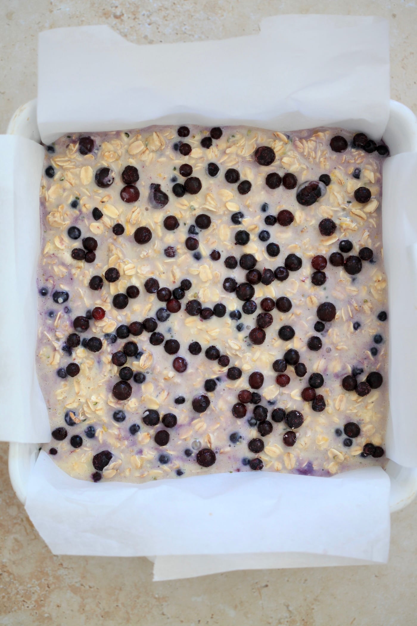 oatmeal batter with blueberries in pan.