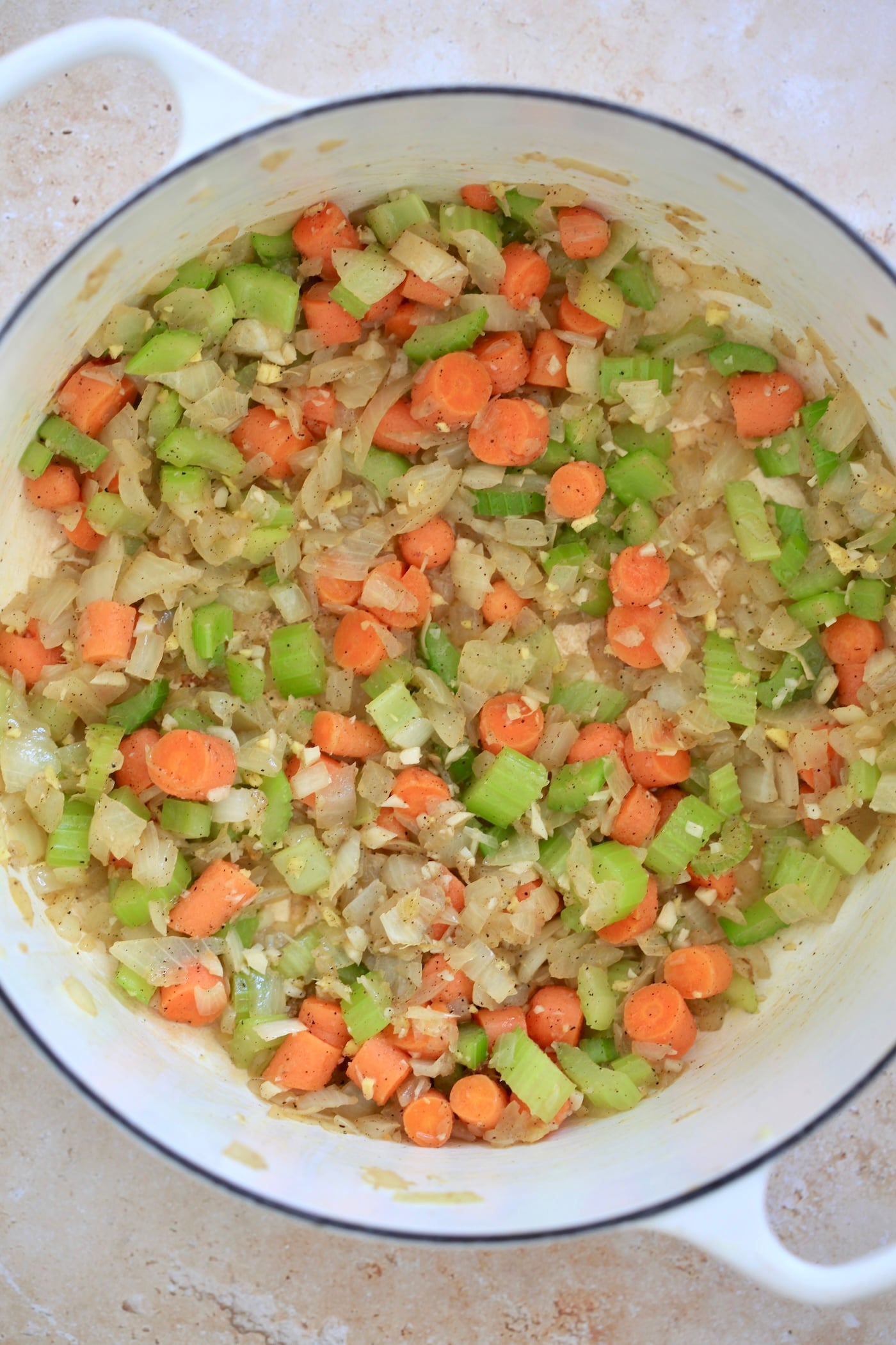 mirepoix cooking in pot.