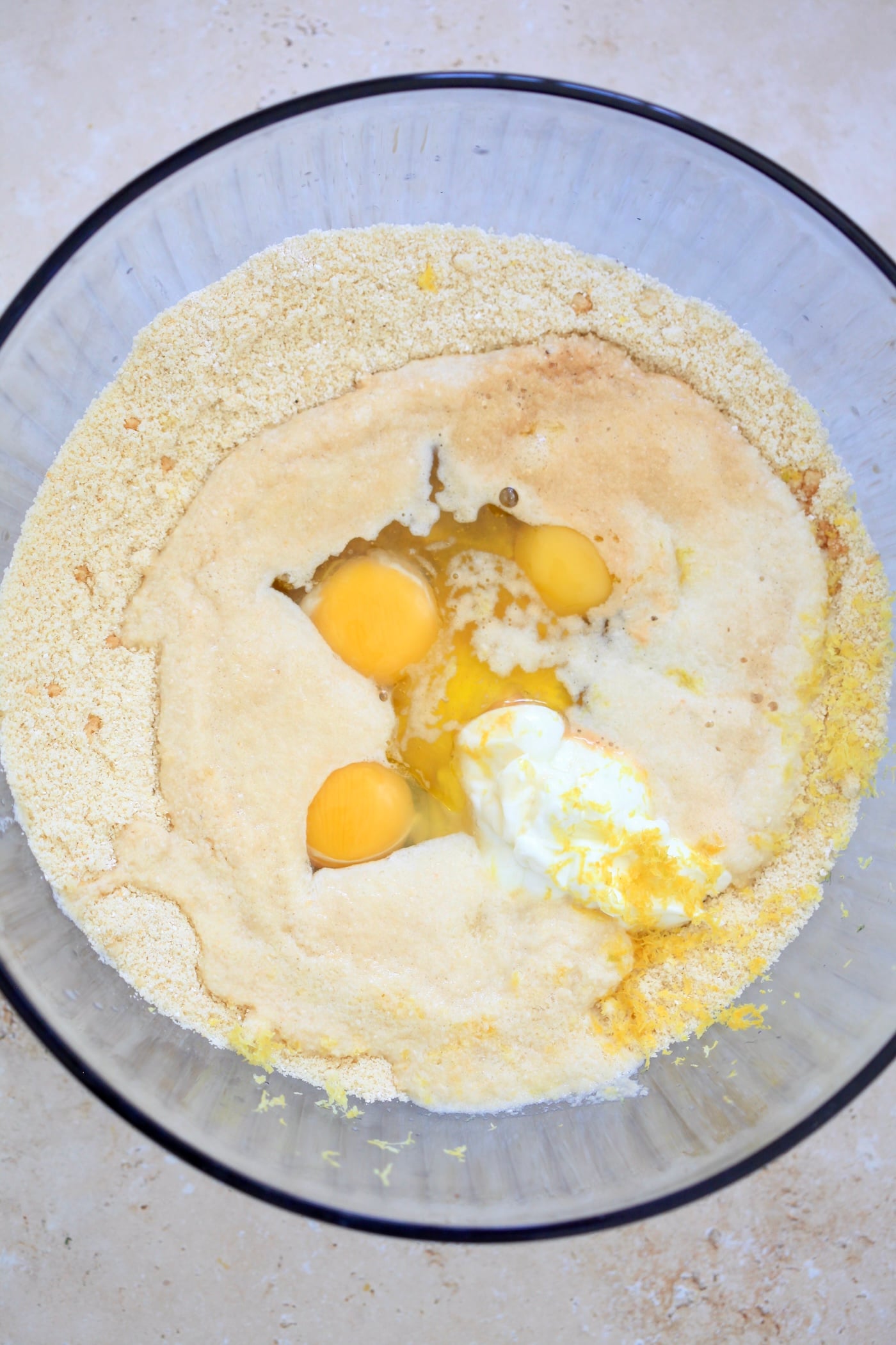 eggs and oil over dry ingredients.