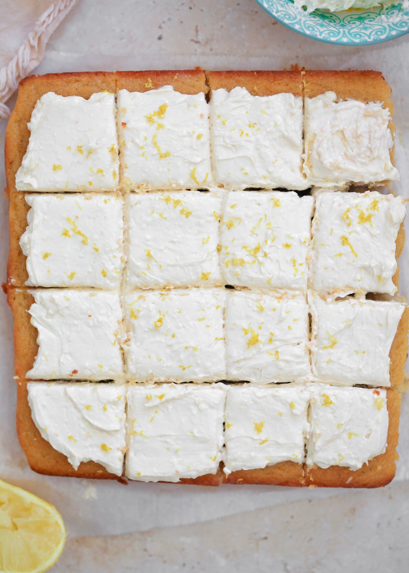 lemon cake sliced into 16 pieces