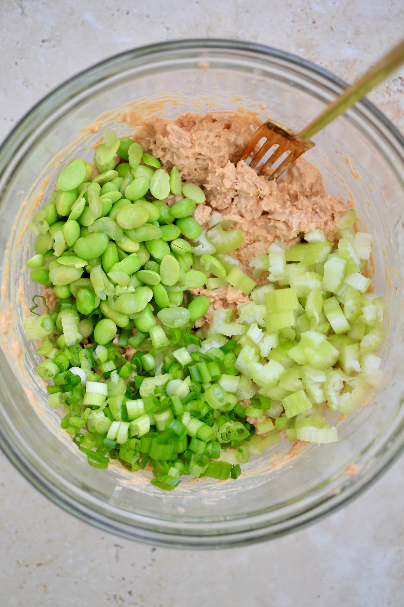 tuna mixture with edamame and green onions on top.