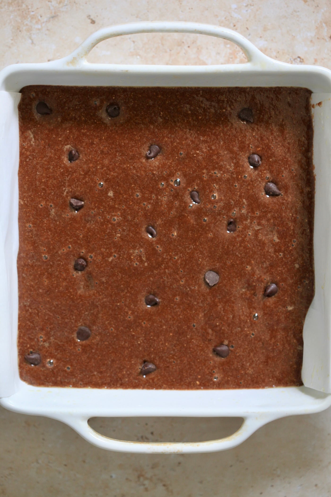 wet batter in square pan.