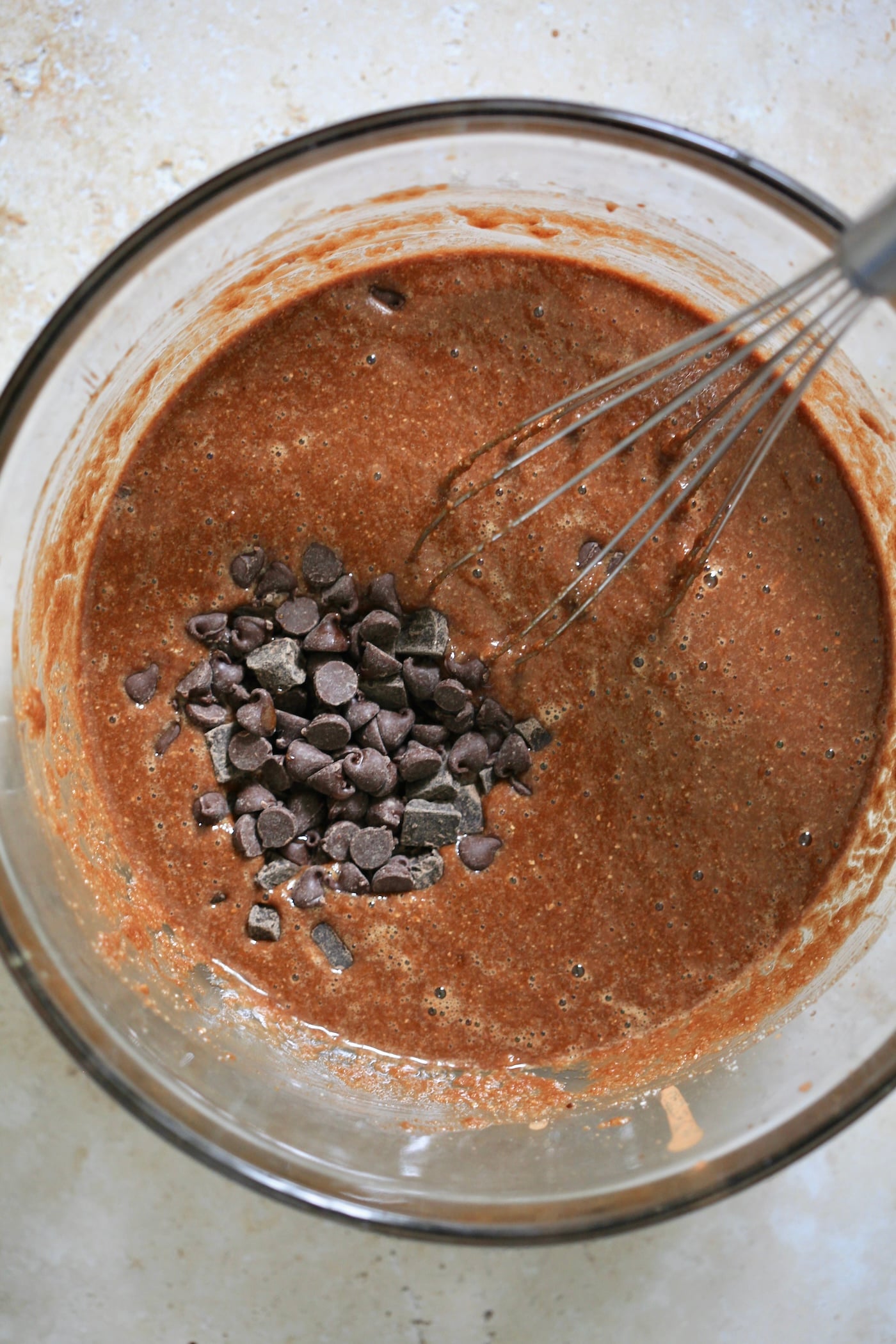 chocolate cake batter with chocolate chips.