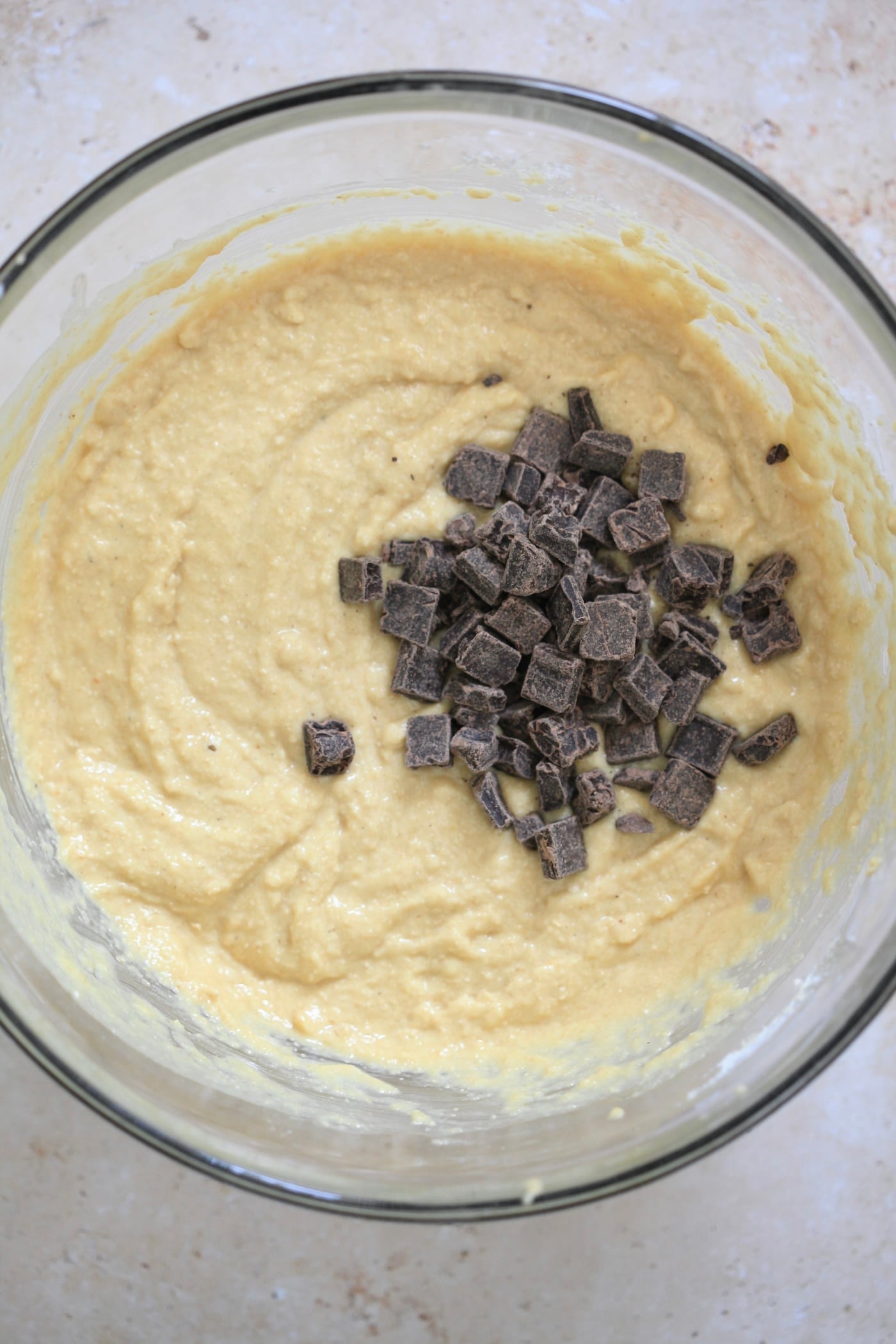 thick batter in bowl with chocolate chips.