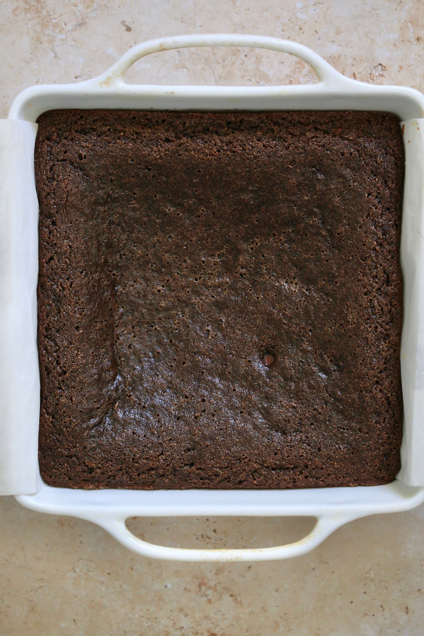 baked chocolate cake in pan.