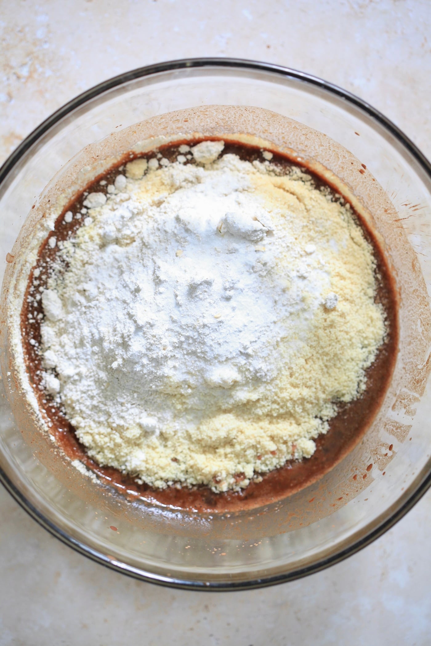 flour on top of chocolate mixture.