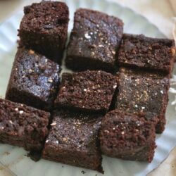 front on view of chocolate cake pieces on plate.