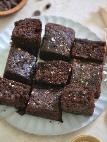 front on view of chocolate cake pieces on plate.