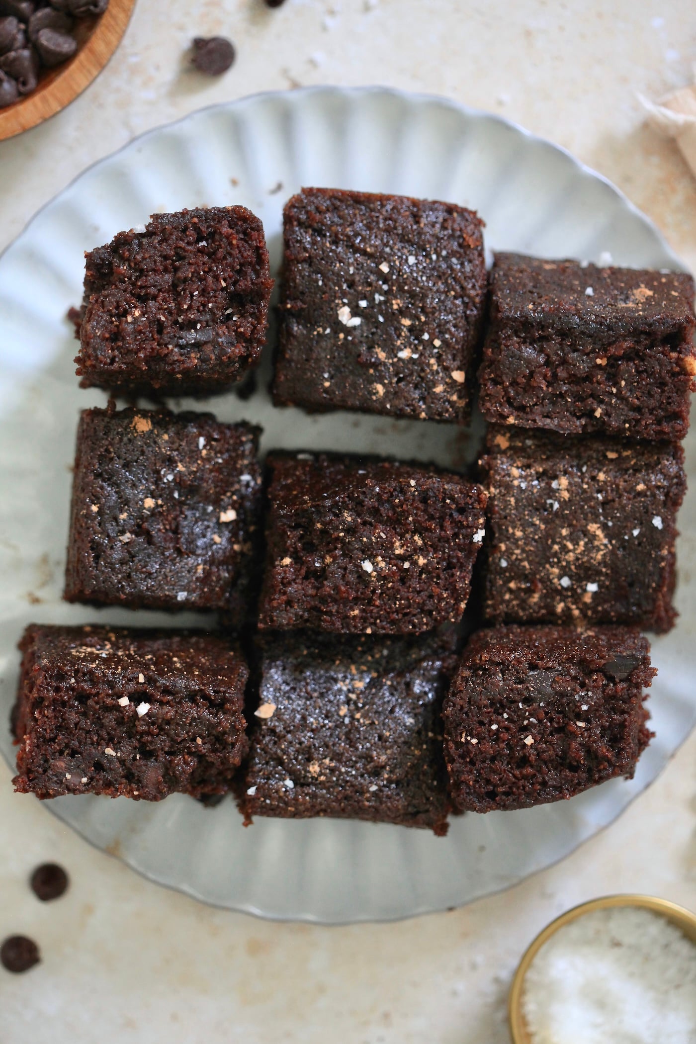 overhead views of pieces of chocolate cake on plate.