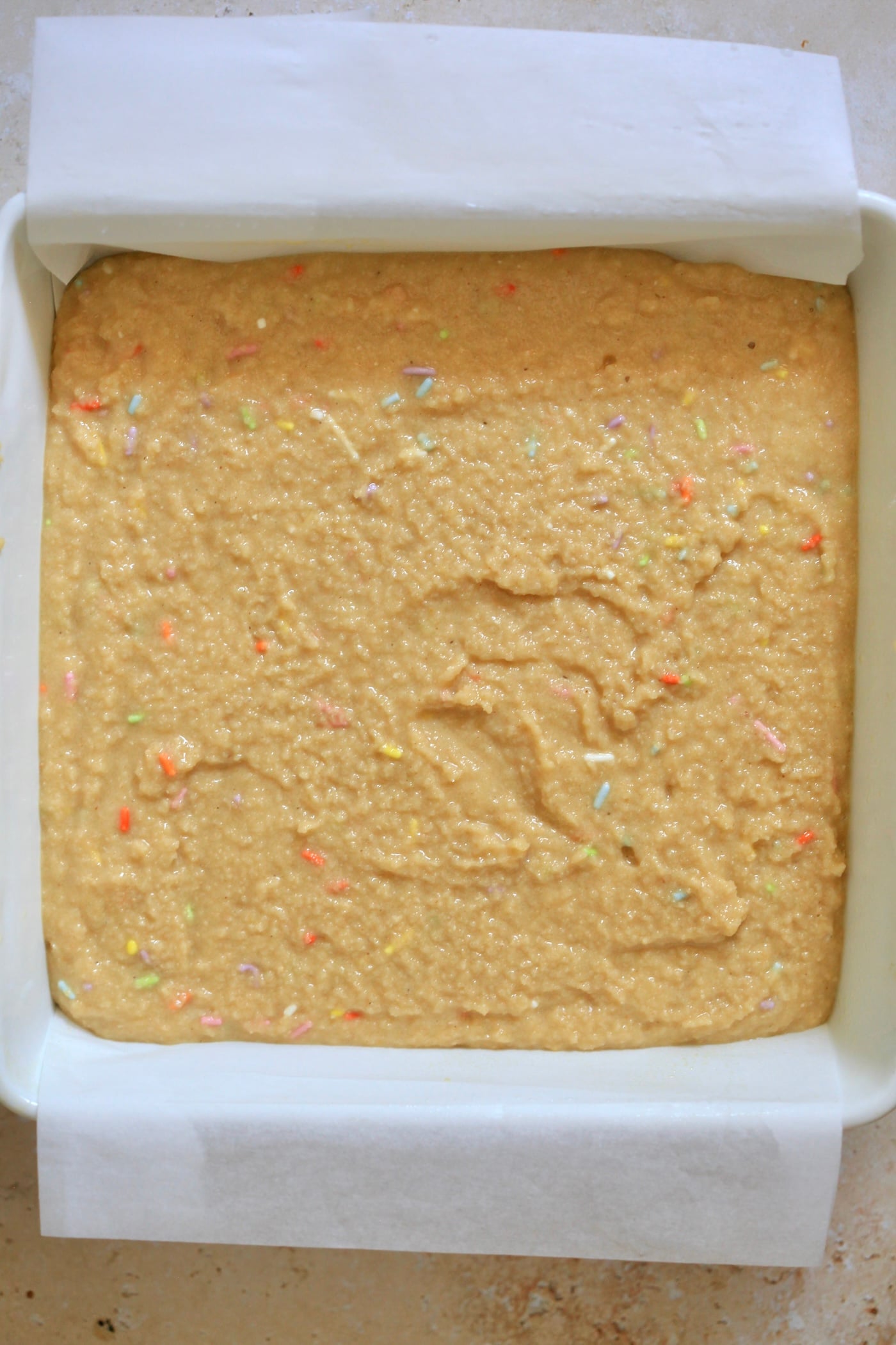 cake batter in pan.