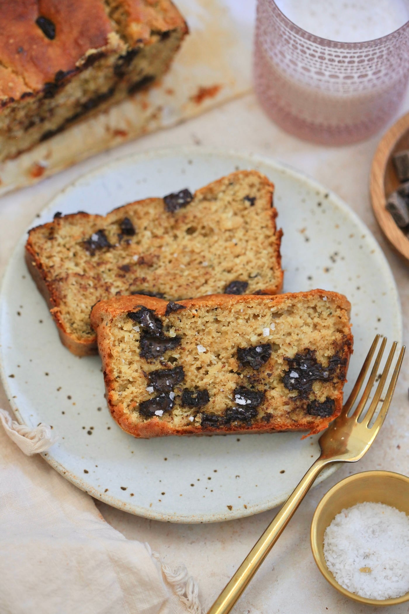 two banana bread slices on plate.